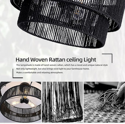 Black Boho Light Fixtures Ceiling Mount 18'' Coastal Hemp Rope Semi Flush Mount Ceiling Light Fixture 3-Light Rattan Light Fixtures with 2-Tier Drum Shade for Dining Room Kitchen Entry