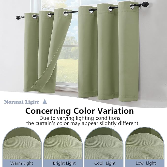 Simplebrand Sage Green Window Valance for Kitchen 14 Inches Long 2 Panels Set, Room Darkening Valance Curtains for Living Room, Grommet Short Privacy Kitchen Curtains for Bedroom Kids Room, 40Wx14L
