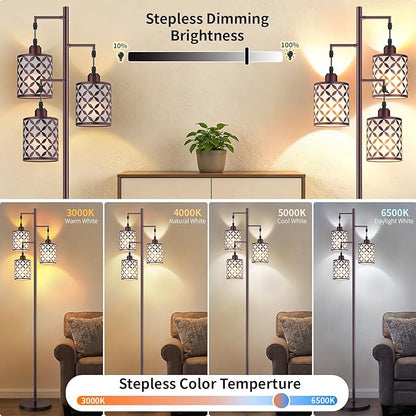 Dimmable Floor Lamp, Farmhouse Standing Lamp with Elegant Metal Cage, Industrial Tall Tree Floor Lamps for Living Room, Bedroom, Study Room, Office, 3 x 800LM LED Bulbs Included, 72", Brown
