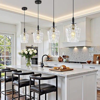 Modern Hammered Glass Pendant Light for Kitchen Island 2 Pack, Farmhouse Black and Gold Pendant Light Fixtures, Height Adjustable Ceiling Pendant Light, 8 Inch
