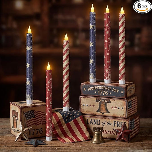 Honoson 6 Pcs 4th of July Taper Candles 10.6 Inch Patriotic Flameless Candles Battery Operated Red White and Blue LED Candlesticks for Independence Day Dinner Table Home Party Decoration