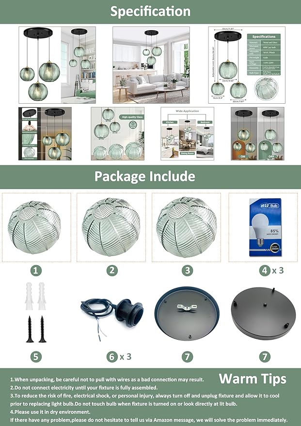 Green Pendant Light, 3 IN 1 Large Glass Pendant Light Fixtures E26 E27 Mid Century Modern Chandelier Ribbed Blown Glass Globe Shade Hanging Light Ceiling Light for Living Room Restaurant Bar,Blue
