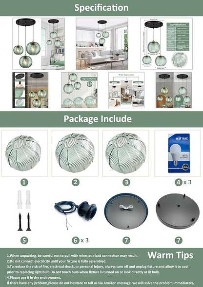 Green Pendant Light, 3 IN 1 Large Glass Pendant Light Fixtures E26 E27 Mid Century Modern Chandelier Ribbed Blown Glass Globe Shade Hanging Light Ceiling Light for Living Room Restaurant Bar,Blue