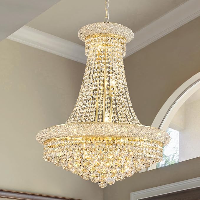 11-Light Empire Crystal Chandelier Light Fixture, Modern Crystal Chandeliers Empire Style K9 Chandeliers Gold Finish Luxury Chandelier for Living Dining Room Bedroom Stairway Foyer Hallway D24"