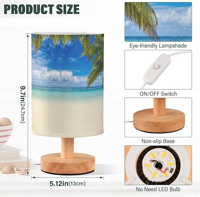 Beach Summer Cloud Blue Sky Ocean Palm Tree Table Lamp with Wood Base Fabric Lamp Shade Bedside Nightstand Desk Lamp for Living Room Bedroom Kids Room Office