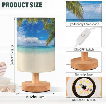 Beach Summer Cloud Blue Sky Ocean Palm Tree Table Lamp with Wood Base Fabric Lamp Shade Bedside Nightstand Desk Lamp for Living Room Bedroom Kids Room Office