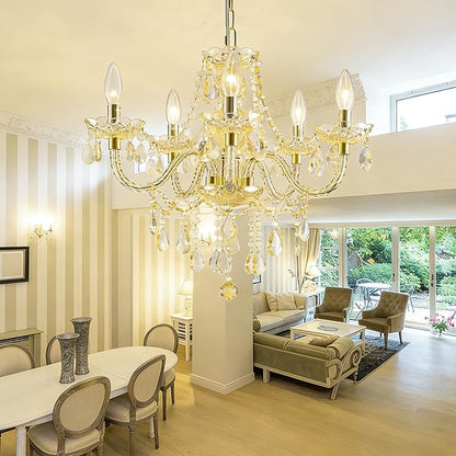 PAPAYA Plug-in 5 Light Gold Crystal Hanging Pendant Lights Acrylic Chandelier with Cord & On/Off Switch H19 D19.7 for Kitchen Island Girls' Room Dining Area Laundry Pavilion