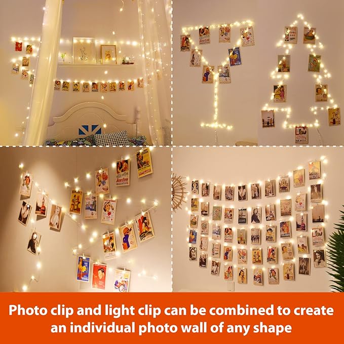 HXWEIYE 120LED Warm White 40Ft Fairy String Light with 52 Clear Clips & 12 Hooks, USB Powered, Waterproof, 8 Modes & Timer, Perfect for Indoor/Outdoor, Bedroom, Party, Wedding Decor