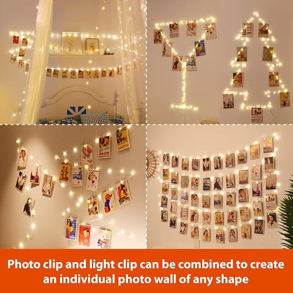HXWEIYE 120LED Warm White 40Ft Fairy String Light with 52 Clear Clips & 12 Hooks, USB Powered, Waterproof, 8 Modes & Timer, Perfect for Indoor/Outdoor, Bedroom, Party, Wedding Decor