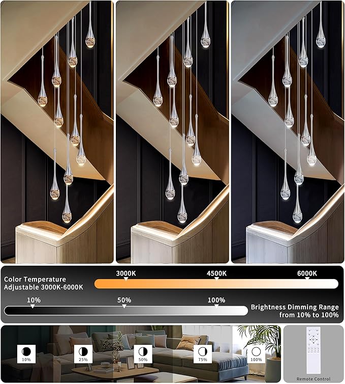 Modern Crystal Chandelier 9-Lights Chrome, H98.5'' High Ceiling Spiral Dimmable LED Bubble Crystal Raindrop Light Fixture for Foyer Entryway Dining Room Remote Control