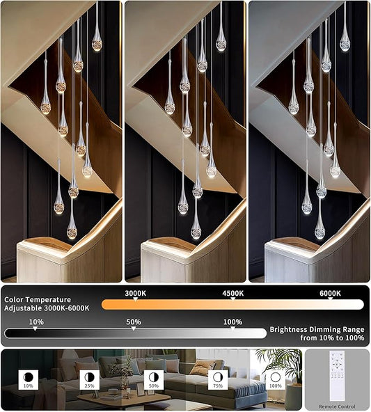 Modern Crystal Chandelier 9-Lights Chrome, H98.5'' High Ceiling Spiral Dimmable LED Bubble Crystal Raindrop Light Fixture for Foyer Entryway Dining Room Remote Control
