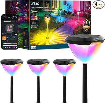 Linkind Smart Solar Pathway Lights SP6, App/Voice Control Solar Lights Outdoor Waterproof, 43+ Preset Scenes, Cool/Warm White/Color-Changing Outdoor Garden Lights for Yard, Patio, 4 Pack