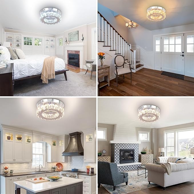 Dimmable LED Crystal Ceiling Light with Remote Mini Round LED Crystal Chandeliers Modern Flush Mount Ceiling Light Fixture Hallway Light Bedroom Bathroom Kitchen Office