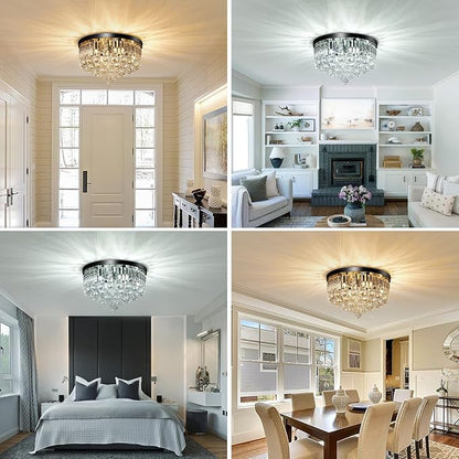 8-Light Modern Crystal Chandelier Black Metal G9 Base Flush Mount Round Light Fixture Ceiling Lamp Farmhouse for Dining Living Room Laundry Foyer Kitchen Balcony Bedroom (H 11''x W 16'')