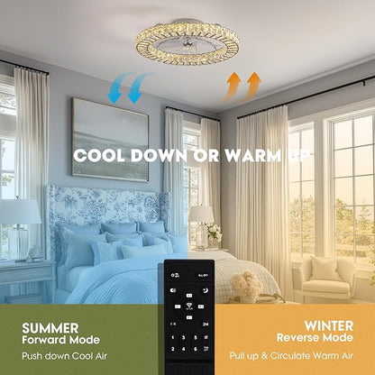 LUDOMIDE 22" Modern Crystal Chandelier Ceiling Fan With Light, Smart 4-Light Color Change, LED Fandelier, Low Profile for Bedroom (Silver)