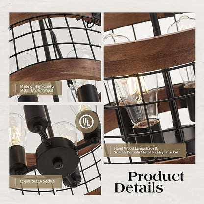 4-Light Farmhouse Drum Wood Pendant Light,14.5'' Vintage Rustic Brown Oak Wood Chandeliers,Retro Industrial Hanging Light Fixtures for Dining Room Entryway, Bedroom