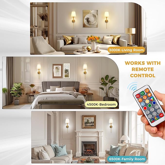 DORESshop Battery Operated Wall Sconce Set of 2, 7 Color Wireless Wall Light Easy to Install, Sconce Wall Decor Set of 2 for Bedroom, Living Room, Fabric Linen Shade, Gold, 24.6in