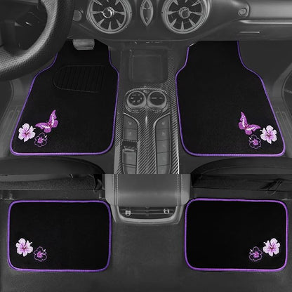 CAR PASS Embroidery Butterfly and Flower Car Floor Mats, Purple Car Floor Mats, Universal Fit 95% Automotive,SUVS,Sedan,Vans,for Women,Girly,Set of 4(Black with Purple)