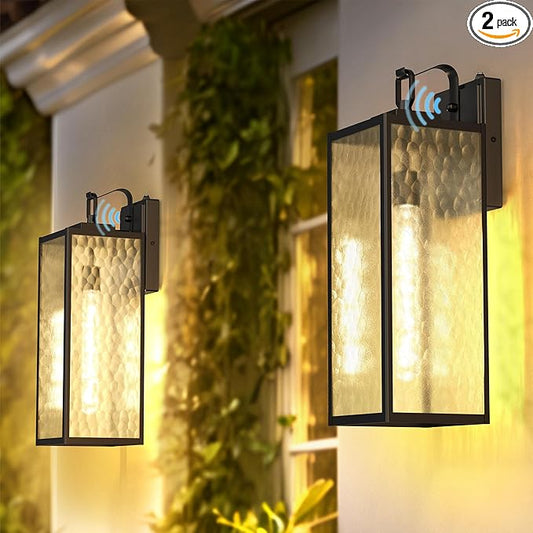DORESshop 18 Inch Large Size Dusk to Dawn Outdoor Wall Lights, Matte Black Waterproof Anti-Rust Outdoor Light Fixtures Wall Mount with Water Ripple Glass Shade for Porch, with T30 Light Bulbs, 2 Pack