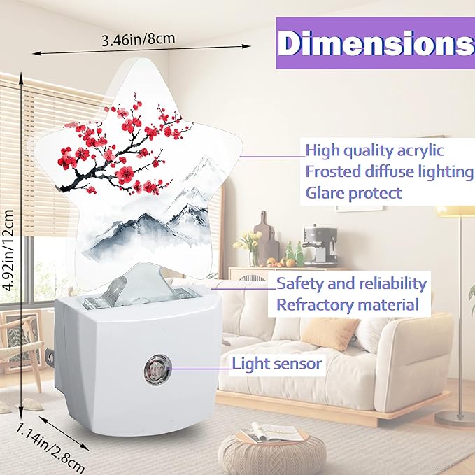 Red Plum Blosoom Flower Night Lights Plug Into Wall Decorative,Chinese Ink Painting Sleep Friendly Lamp, Energy Efficient Dusk-to-Dawn Sensor Nightlights for Kid Bedroom Nursery Bathroom