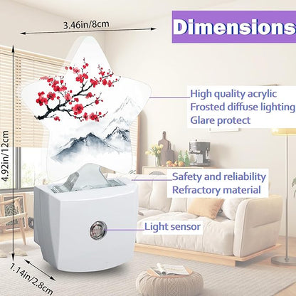 Red Plum Blosoom Flower Night Lights Plug Into Wall Decorative,Chinese Ink Painting Sleep Friendly Lamp, Energy Efficient Dusk-to-Dawn Sensor Nightlights for Kid Bedroom Nursery Bathroom