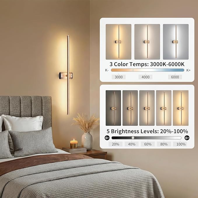 ONEWISH Battery Operated Wall Sconces Set of 2, 27.75" Rechargeable Wall Lights with Remote & Timer, 3-Color Dimmable Wireless Sconces for TV Wall Decor, Picture Light, Bedroom, Gold