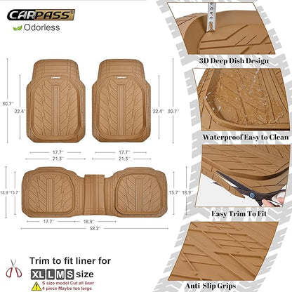 CAR PASS Tire Tread DeepDish Rubber Floor Mats for car Heavy Duty car mats All Weather, Universal XL~M Trim to Fit for Truck SUV Vehicle Automotive, Waterproof car mats 3 piece Solid Beige