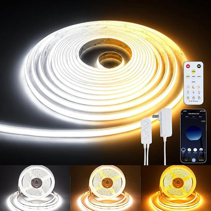 COB LED Strip Light 32.8ft, Dimmable 2300K-6500K White CCT Tunable, DC 24V Cuttable LED Tape Light, High Density 6080 LED 48W CRI 90, APP Remote Control, Music Mode, For Home DIY, Living Room, Bedroom
