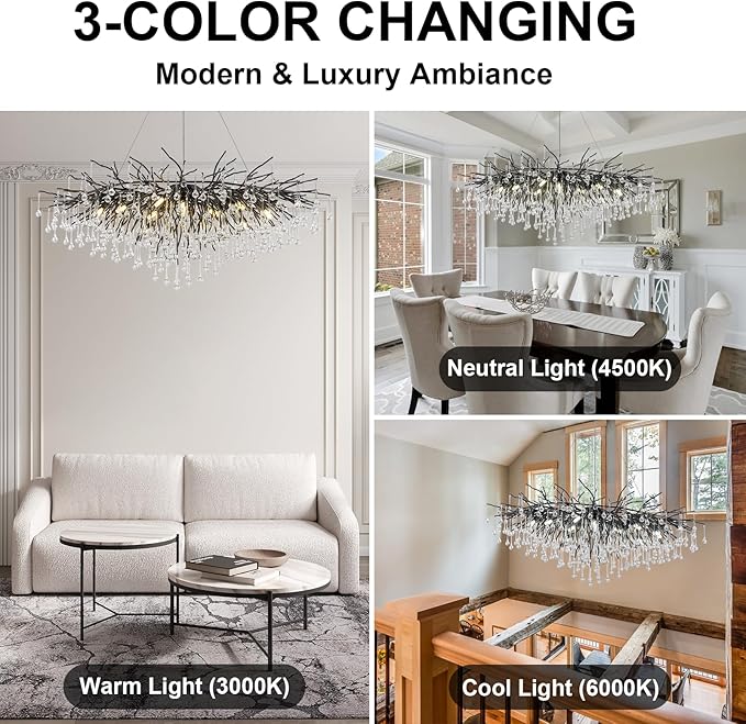 Chandeliers for Dining Room - 47.5" Modern Black Crystal Chandelier, Round Tree Branch Raindrop Chandelier, Foyer Chandeliers for Entryway, Living Room,Bedrooms,Bathroom(Bulb not Included)