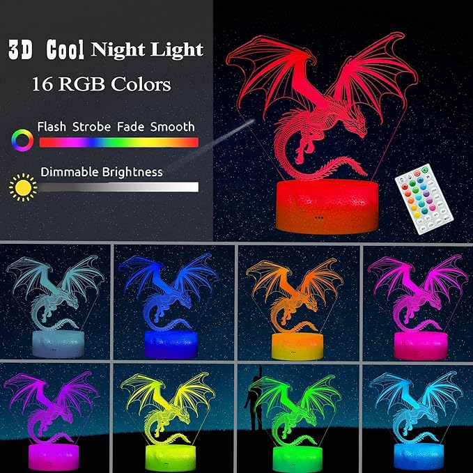 Dragon Night Light, Dragon Gifts, 3D Illusion Lamp with 16 Colors Changing, Timer, 4 Flash Modes and Dimmable, Kids Boys Girls Room Decoration, Holiday Xmas Gifts