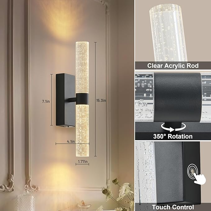 KARTOOSH Black Rechargeable Wireless Wall Sconce Set of Two, Battery Operated Wall Lights with Remote Control,350°Rotate,3000K/4000K/6000K,Dimmable,Timer,for Living Room,Dining Room,Hallway,15.3 Inch