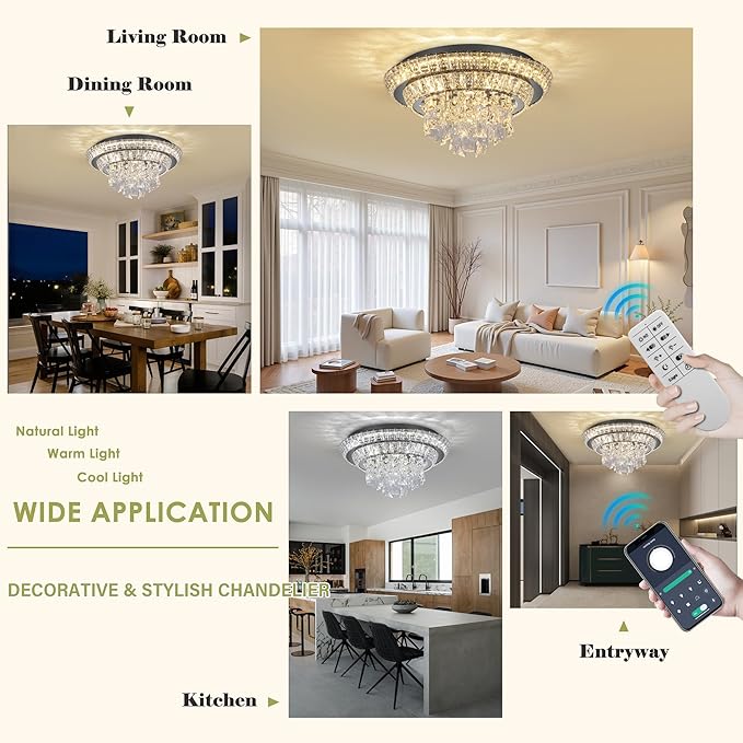 18 inch Crystal Black Ceiling-Light Flush Mount with Remote and APP Control, 3CCT Dimmable & Brightness Adjustable, Modern Crystal Raindrop Chandeliers for Bedroom Hallway Dinning Room Living Room