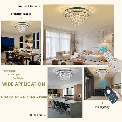 18 inch Crystal Flush Mount Black Chandelier, Modern Raindrop LED Ceiling Light, 3CCT Dimmable & Brightness Adjustable,Remote/APP ,Elegant Chandeliers for Bedroom Hallway Dinning Room Living Room
