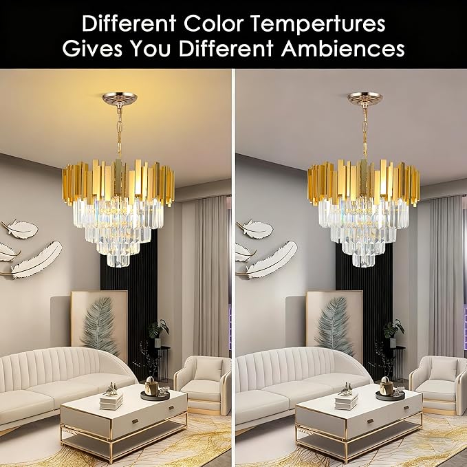 Luxury Gold Crystal Chandelier, W50cm Modern Round Ceiling Hanging Light Adjustable Chain & Dimmable Light Fixture for Dining Living Room Kitchen Island Foyer 7Lights