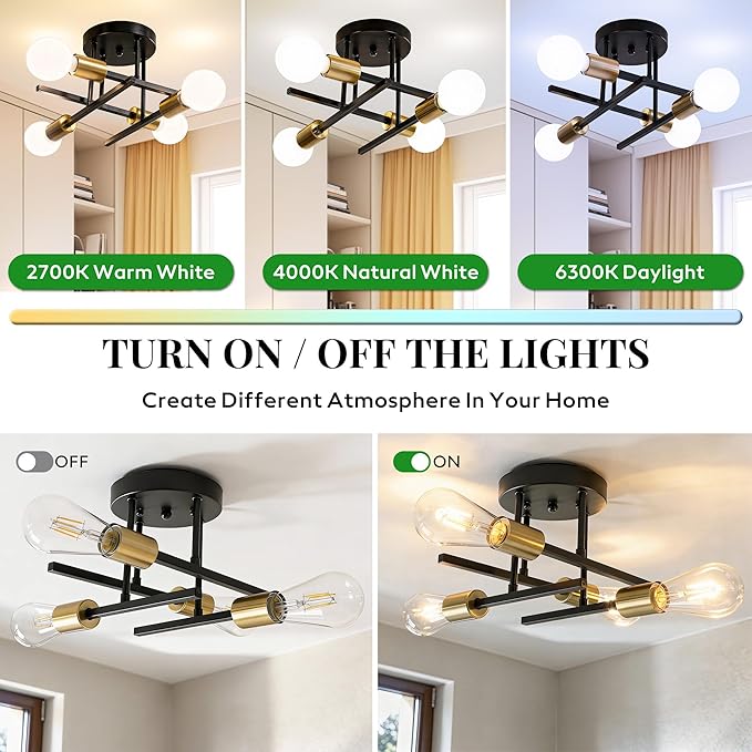 4-Light Sputnik Semi Flush Mount Ceiling Light, 5.9” Canopy, Modern Black and Gold Metal Chandelier, Close to Ceiling Light Fixture with E26 Base for Bedroom, Dining Room, Kitchen, Living Room