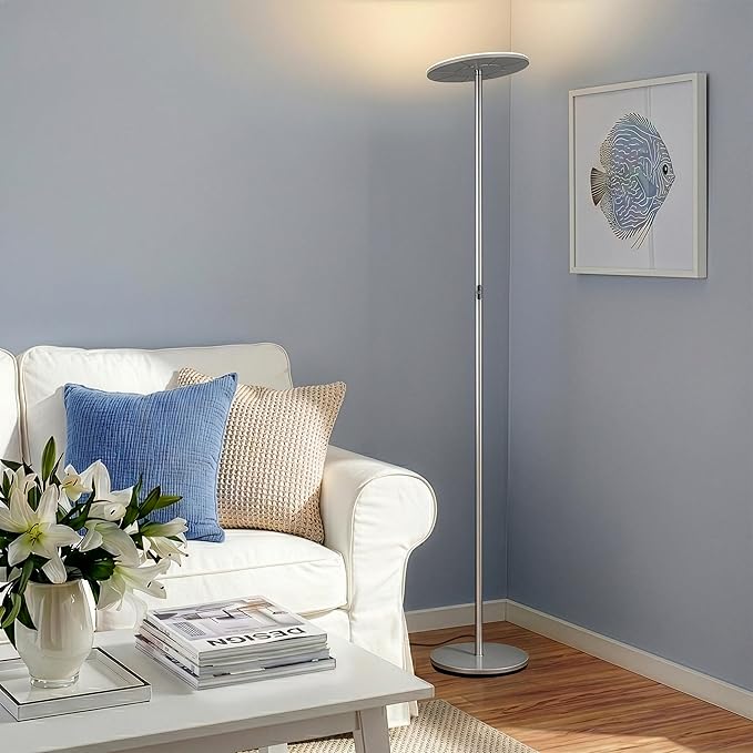 Brightech Sky LED Floor lamp, Torchiere Super Bright Floor Lamp for Living Room Decor & Office - Dimmable, Tall Standing Torch Lamp with Warm Light for Bedroom & Reading - Platinum Silver