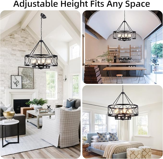 6-Lights Black Chandelier for Dining Room Light Fixture 22.5" Modern Farmhouse Chandeliers Ceiling Light Industrial Drum Hanging Pendant Lights for Kitchen Island Living Room Entryway Bedroom