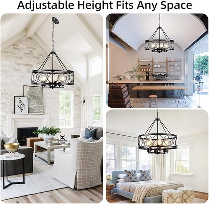 6-Lights Black Chandelier for Dining Room Light Fixture 22.5" Modern Farmhouse Chandeliers Ceiling Light Industrial Drum Hanging Pendant Lights for Kitchen Island Living Room Entryway Bedroom