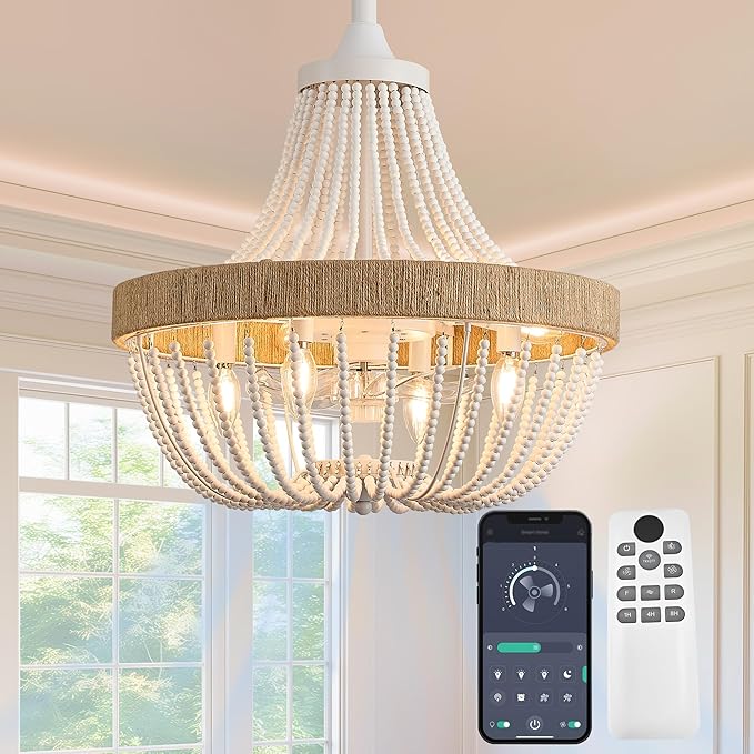 Luxury Empire Crystal Chandelier Fan with 64 Bead Strands, 7-Blade Invisible Fan, Remote/APP Controlled Ceiling Fan for Living Room, Bedroom, Dining Hall (White Wood Bead, 20" Farmhouse Style)