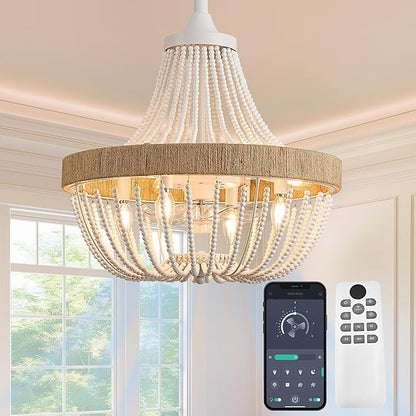 Luxury Empire Crystal Chandelier Fan with 64 Bead Strands, 7-Blade Invisible Fan, Remote/APP Controlled Ceiling Fan for Living Room, Bedroom, Dining Hall (White Wood Bead, 20" Farmhouse Style)