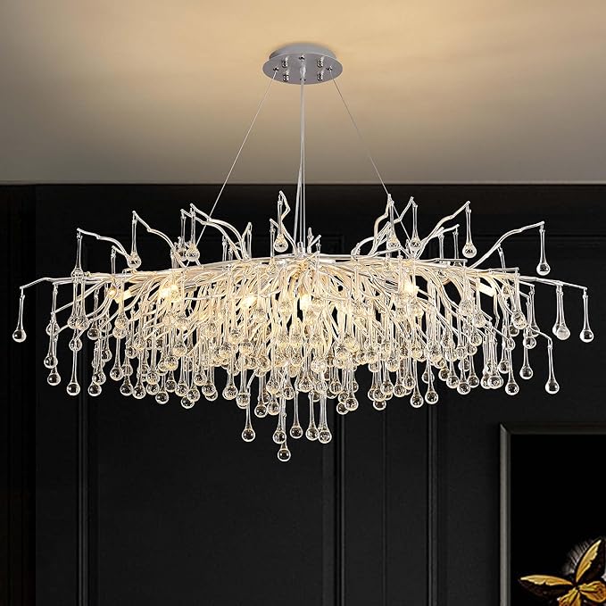Modern Crystal Raindrop Chandelier, L40'' Silver Linear Rectangle Art Deco Tree Branch Lighting Fixture for Kitchen Island Living Room Foyer Staircase 10 Lights