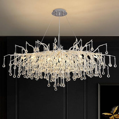 Modern Crystal Raindrop Chandelier, L40'' Silver Linear Rectangle Art Deco Tree Branch Lighting Fixture for Kitchen Island Living Room Foyer Staircase 10 Lights