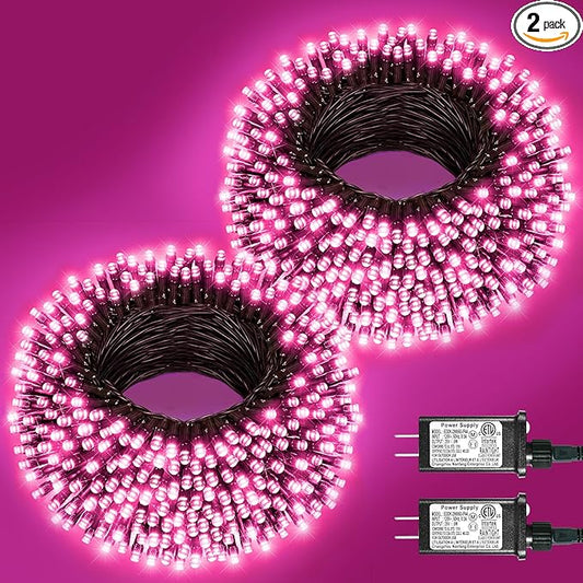 2 Pack Christmas Lights Outdoor, Total 200FT 600LED String Lights for Outside Waterproof with 8 Modes, Green Wire Twinkle Lights for Indoor Room Patio Garden Party Decorations, Pink