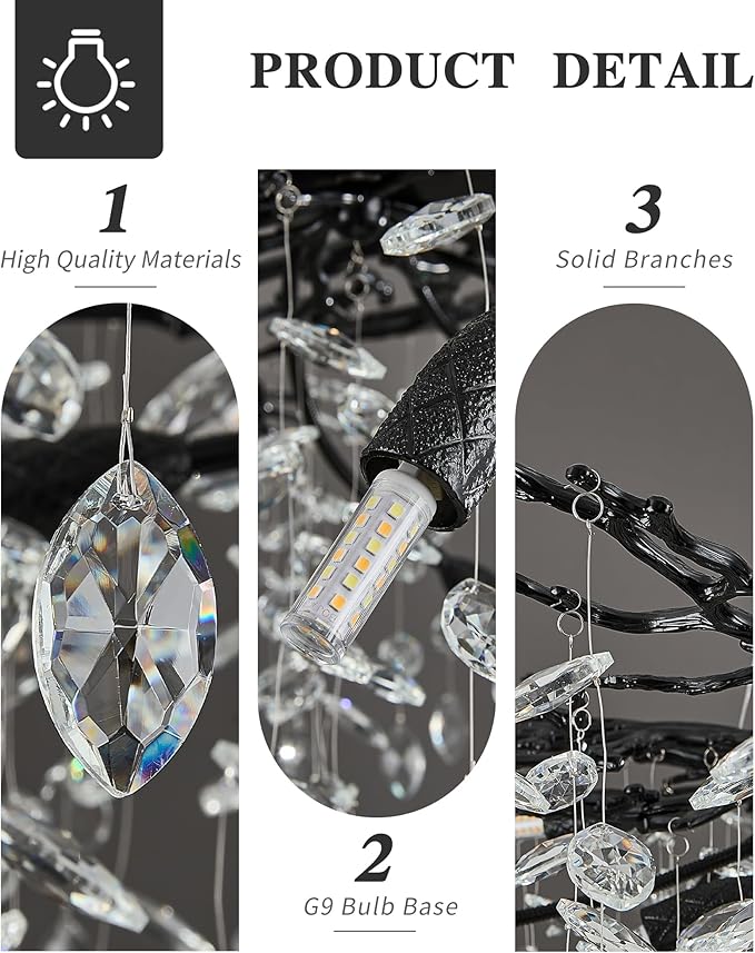 Modern Black Tree Branch Crystal Chandelier Luxury Crystal Pendant Lighting 40" Contemporary 14-Light Chandeliers for Dining Room Kitchen Bedroom Living Room