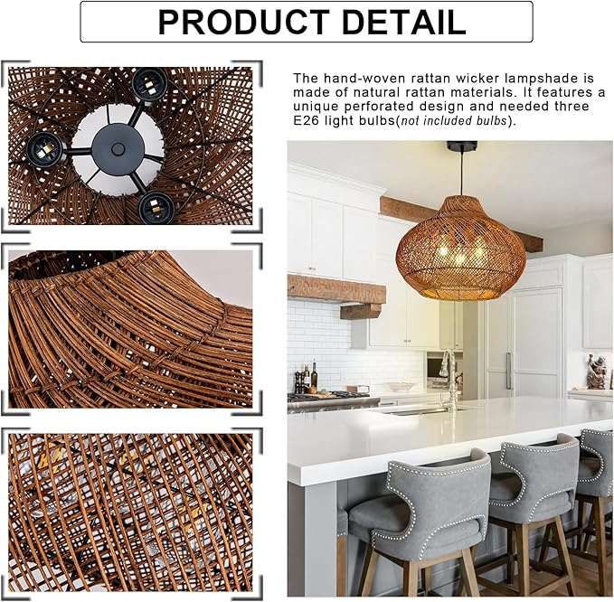 19inch Large Rattan Chandelier, Rattan Woven Chandeliers Dining Room Boho Light Fixture 3-Light Wicker Rustic Hanging Light for Kitchen Island Living Room Foyer Restaurant