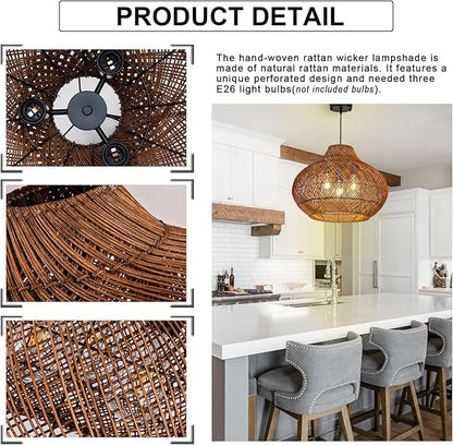 19inch Large Rattan Chandelier, Rattan Woven Chandeliers Dining Room Boho Light Fixture 3-Light Wicker Rustic Hanging Light for Kitchen Island Living Room Foyer Restaurant