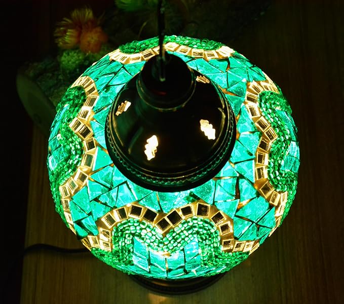Turkish Mosaic Table Lamp with Bulb – Handmade Turquoise-Teal Stained Glass Light, Vintage Bohemian Bedroom & Living Room Decor, E12 Socket & US Plug