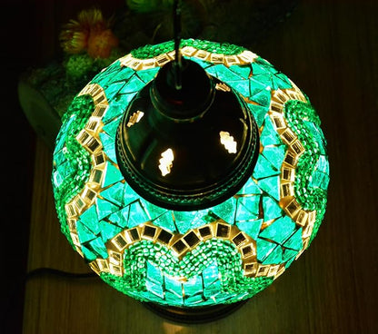 Turkish Mosaic Table Lamp with Bulb – Handmade Turquoise-Teal Stained Glass Light, Vintage Bohemian Bedroom & Living Room Decor, E12 Socket & US Plug