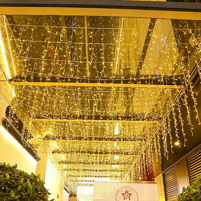 LED Ceiling Icicle Lights, 16.4FT 216 LEDs 8 Modes Twinkle Christmas Hanging Fairy String Curtain Lights for Parties Mall Patio Yard Indoor Outdoor Decoration Warm White, 5M