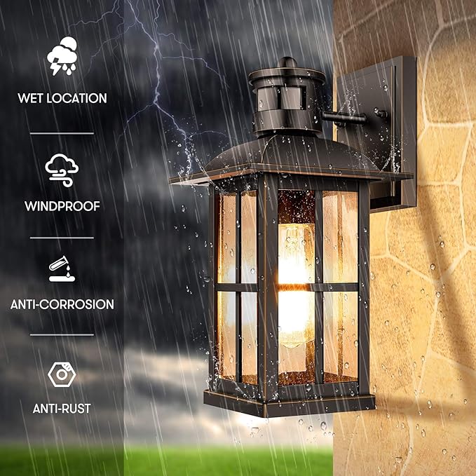13in Motion Sensor Porch Light, Anti-Rust 100% Aluminum Dusk to Dawn Outdoor Light Fixtures, Exterior Wall Lantern Sconce Lighting Matte Black, Outside Lights for House Wall Mount for Entryway Garage